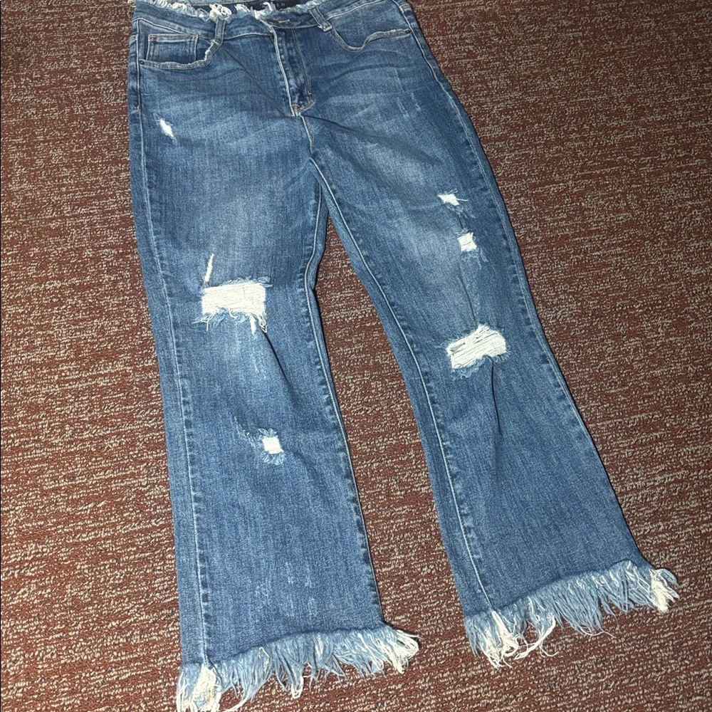Risen denim crop frayed distressed medium wash high rise jeans women’s 29 size 9
